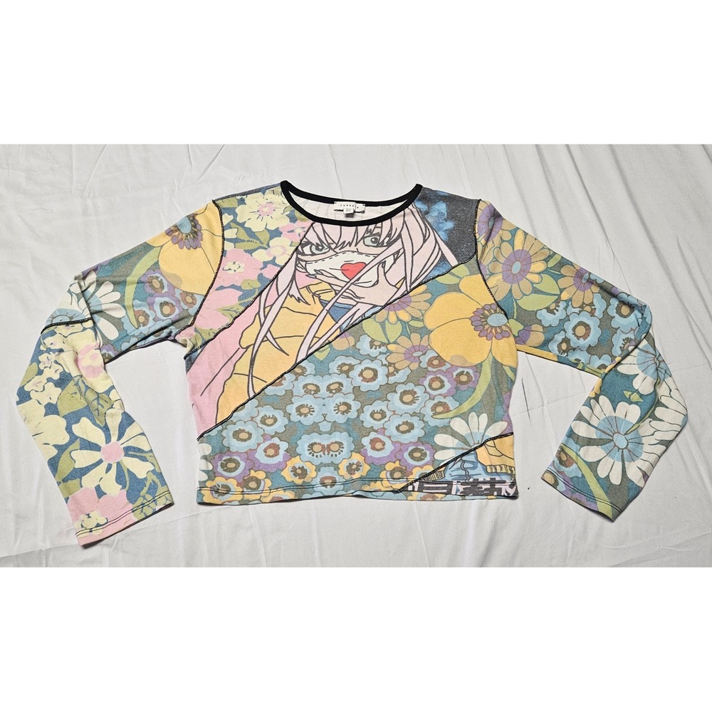 Topshop Patchwork Anime Floral Crop Top Women Size 12 Multi Color Y2K Streetwear